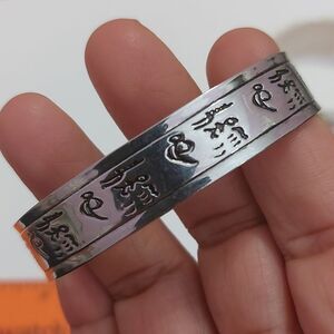 Tibetan Buddhist Mantra Engraved Silver Tone Cuff Bracelet